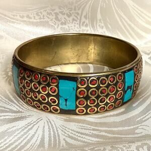 Tribal Boho Tibet Nepal Turquoise Red Coral Inlay Mosaic Brass Bangle Bracelet